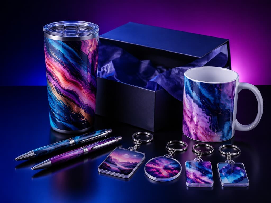 Custom mugs, tumblers, pens, and keychains