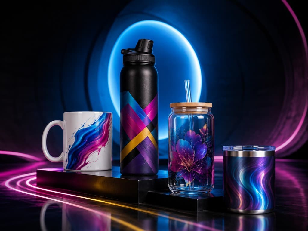 Custom mugs, tumblers, and drinkware with vibrant sublimation prints