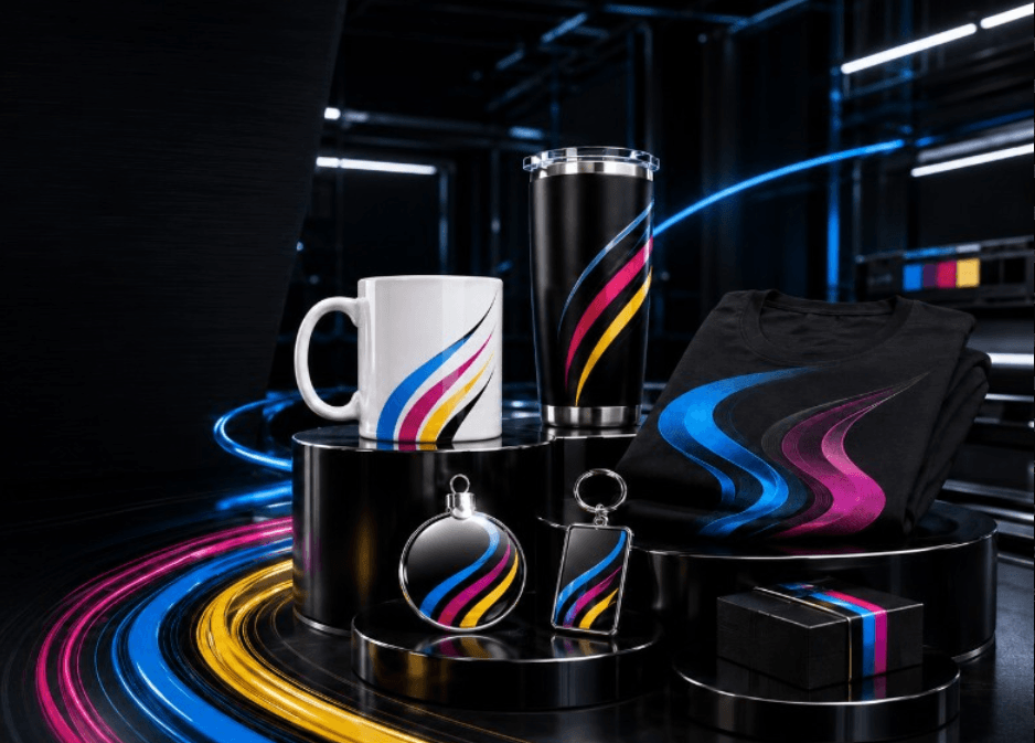 Custom printed mugs, tumblers, keychains, and ornaments